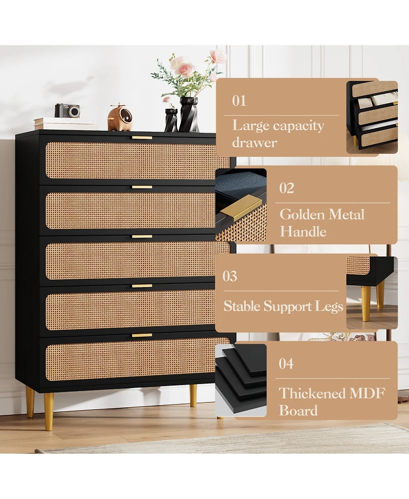 homfan Tall Boho 5-Drawer Rattan Dresser, Wooden Storage Cabinet with Deep Drawers for Multi-Space Use
