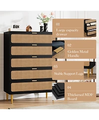 homfan Tall Boho 5-Drawer Rattan Dresser, Wooden Storage Cabinet with Deep Drawers for Multi-Space Use