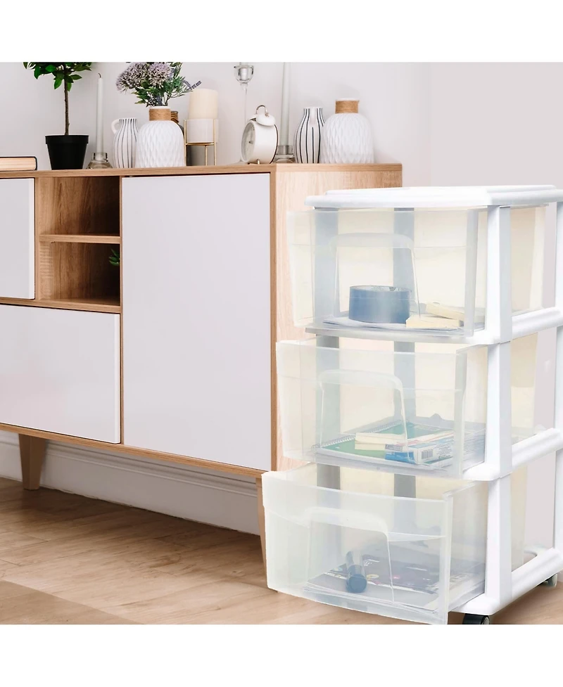 Homz Plastic 3 Drawer Medium Storage Tower, Clear Drawers/Frame (2 Pack)