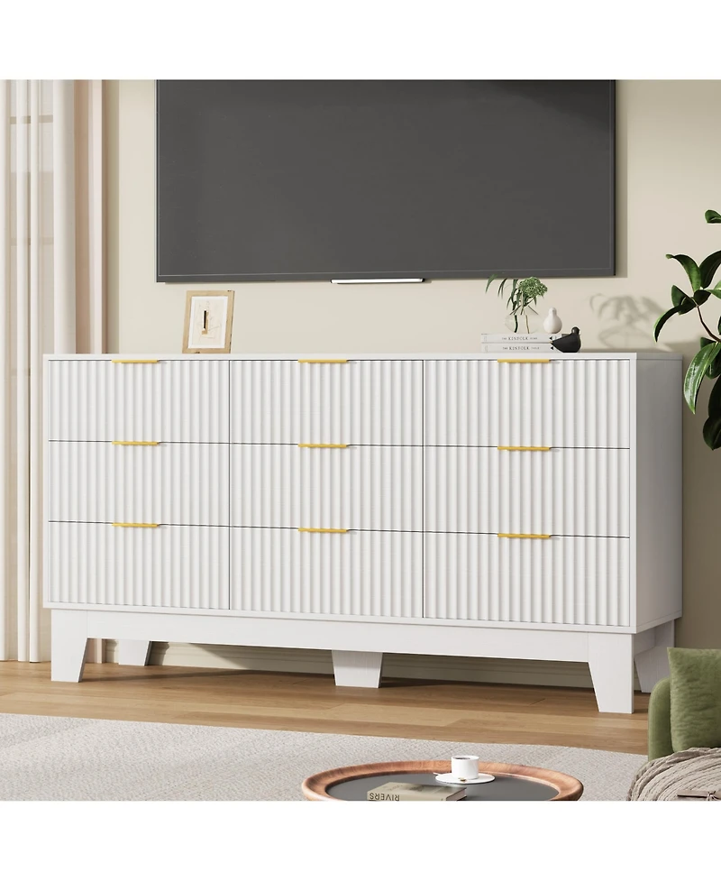 homfan 9 Drawer Dresser for Bedroom, 47" Wide Fluted Chest with Metal Handle, Modern Wooden Tv Stand, Clothes Organizer Hallway, Entryway