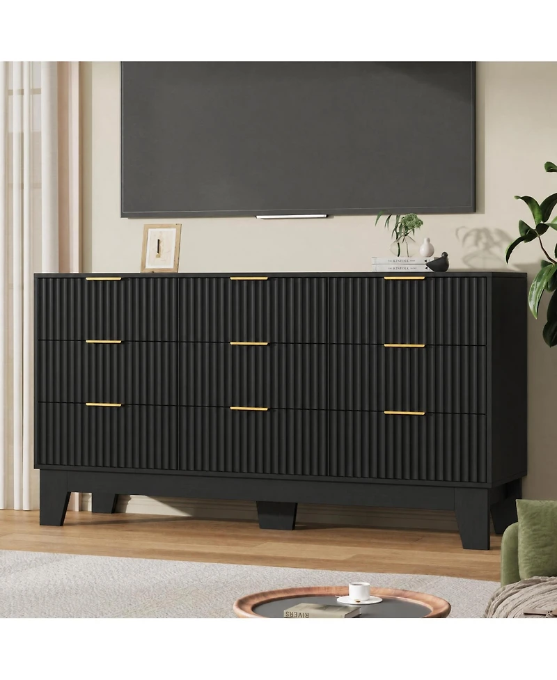 homfan 9 Drawer Dresser for Bedroom, 47" Wide Fluted Chest with Metal Handle, Modern Wooden Tv Stand, Clothes Organizer Hallway, Entryway