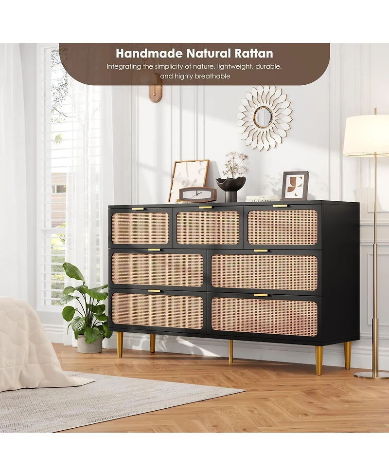 homfan Rattan 5-Drawer Tall Dresser, Wooden Chest with Deep Drawers and Wide Top for Bedroom, Living Room Hallway