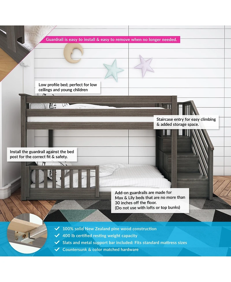 Max and Lily Low Twin over Bunk with Stairs Single Guard Rail