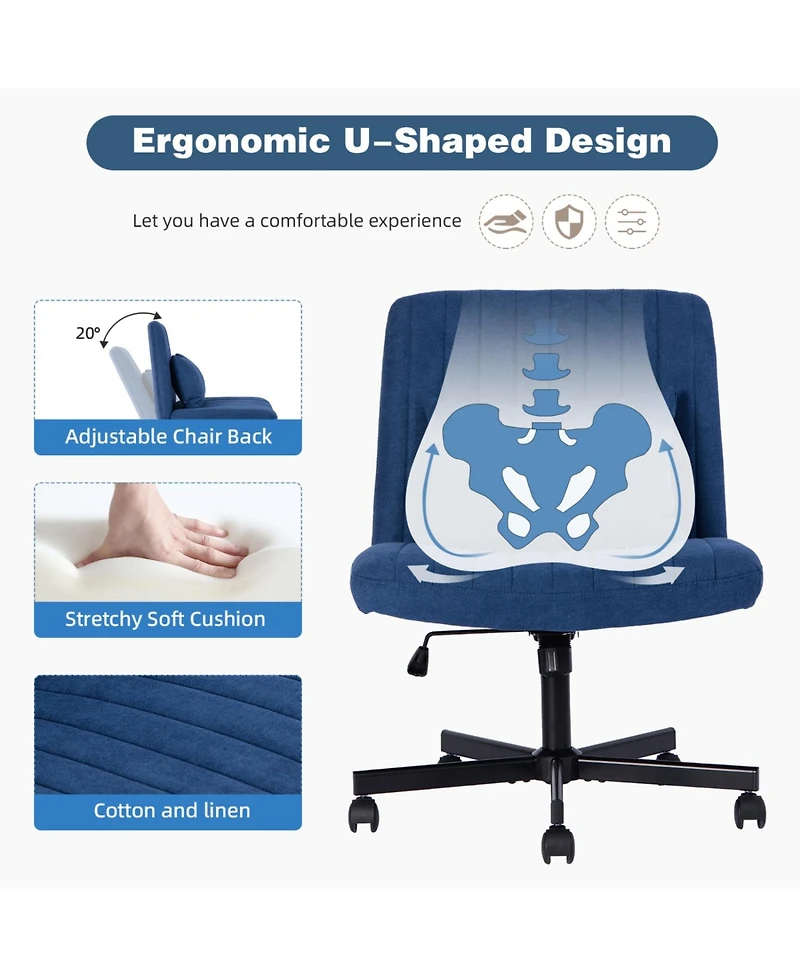 Rainsken Linen Cross Legged Office Chair, with Wheels and Adjustable Flip-Arms, for Home Office, Apartment, Criss Chair