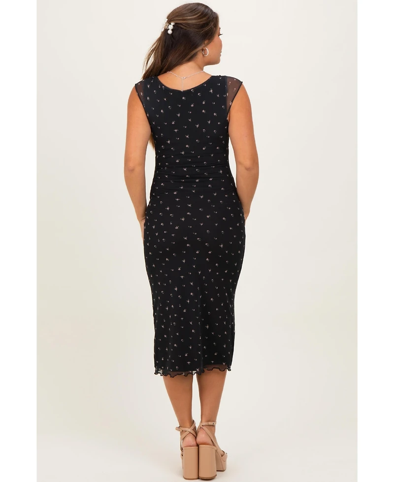 Pinkblush Maternity Black Floral Mesh Front Tie Cutout Midi Dress