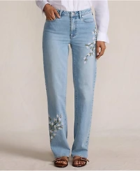 Lands' End Petite Soft Denim Mid Rise Relaxed Straight Leg Embroidered Jeans