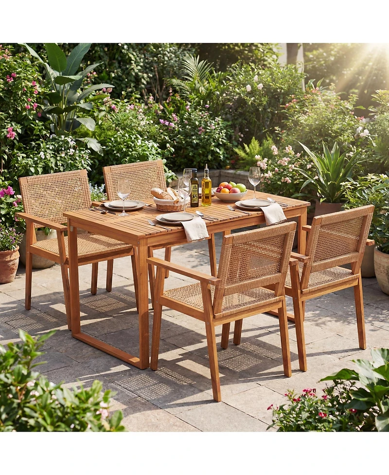 Slickblue Outdoor Dining Set 5 Piece Acacia Wood Table and Rattan Chairs