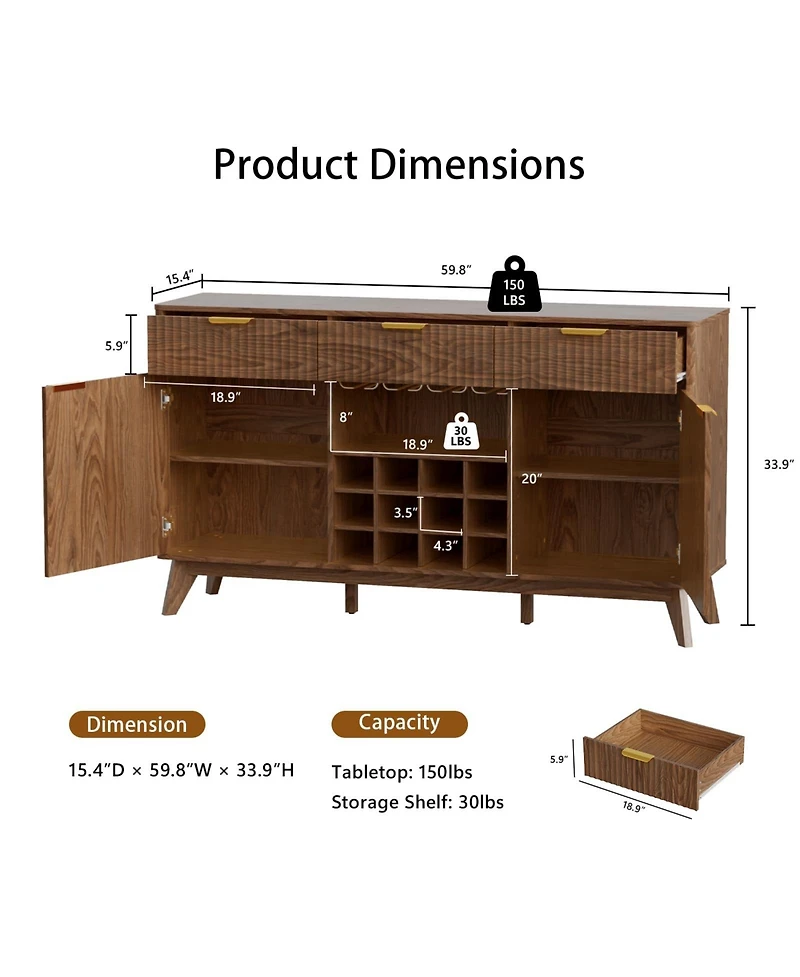 gaomon 60" Wine Bar Cabinet – Freestanding Liquor and Coffee Station with Rack, Glass Holder, Adjustable Shelves, Hutch for Living Room