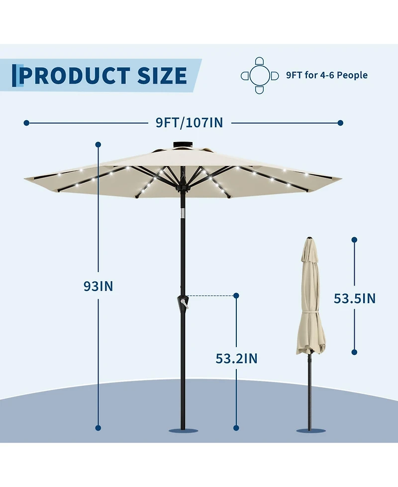 Gaomon 9FT Solar Patio Umbrella with 32 Led Lights, Outdoor Table w/Crank Lift, Push Button Tilt and 8 Sturdy Ribs