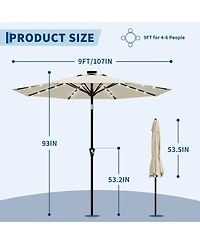 Gaomon 9FT Solar Patio Umbrella with 32 Led Lights, Outdoor Table w/Crank Lift, Push Button Tilt and 8 Sturdy Ribs