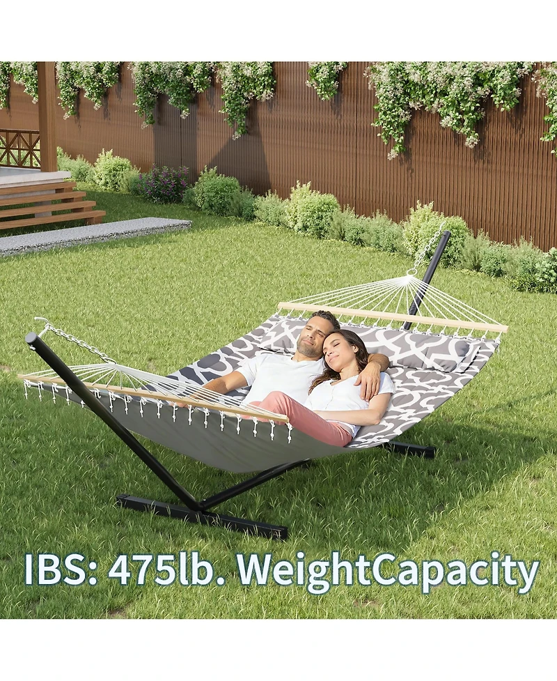 gaomon Double Hammock with Stand for 2 Adults, Heavy Duty Portable Quilted Hammock Bed, Freestanding for Patio Garden Yard Lawn Camping, Spacious