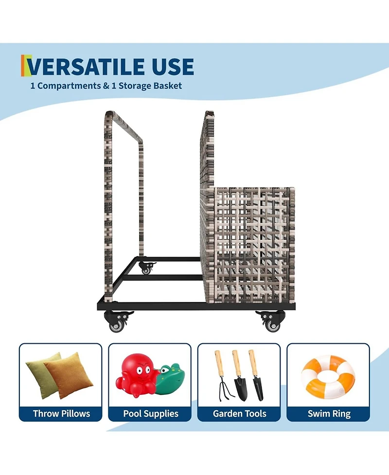 gaomon Outdoor Storage Organizer with Rolling Wheels, Wicker Rattan Pool Caddy and Toy Basket - All-Weather Pe for Poolside, Patio Deck