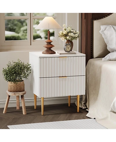 homfan Set of 2 Modern Fluted Nightstands, Built-in Usb Charging Station and Power Outlets, 2 Drawers, Gold and Wood Accents for Bedroom, Living Room