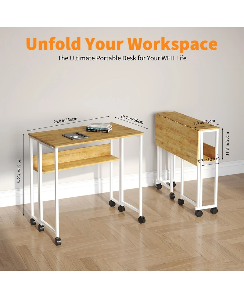 gaomon Folding Desk Small Rolling with Storage Shelf,24.8 Inch Foldable Computer Table Wheels,Portable Office for Space SofaTable