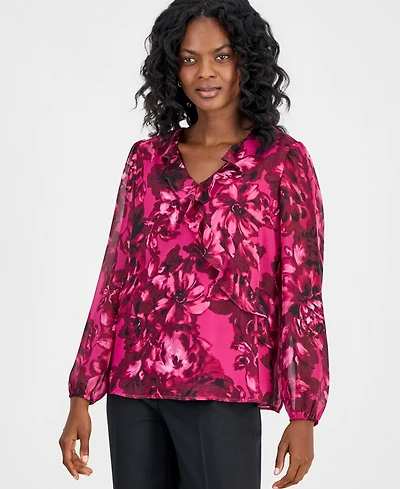 Kasper Women's Faux-Wrap Ruffle-Front Long-Sleeve Blouse