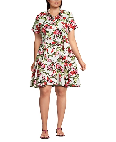 Lands' End Plus Linen Blend Button Front Dress with Godets