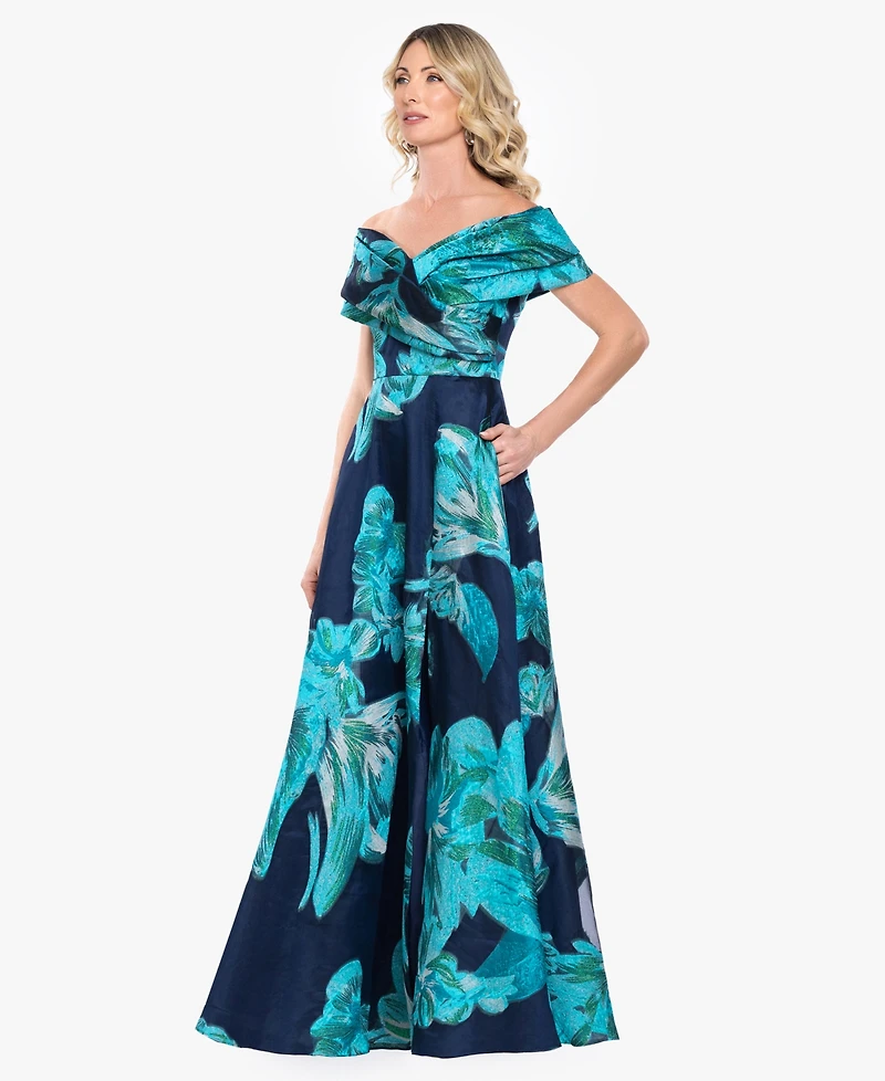 Betsy & Adam Women's Strapless Off-The-Shoulder Floral A-Line Ball Gown