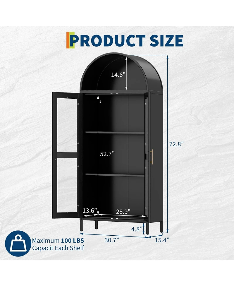 Gaomon 73" Tall Arched Metal Storage Cabinet with Glass Doors, Modern Freestanding Pantry Cabinet for Kitchen, Dining Room, Living Room
