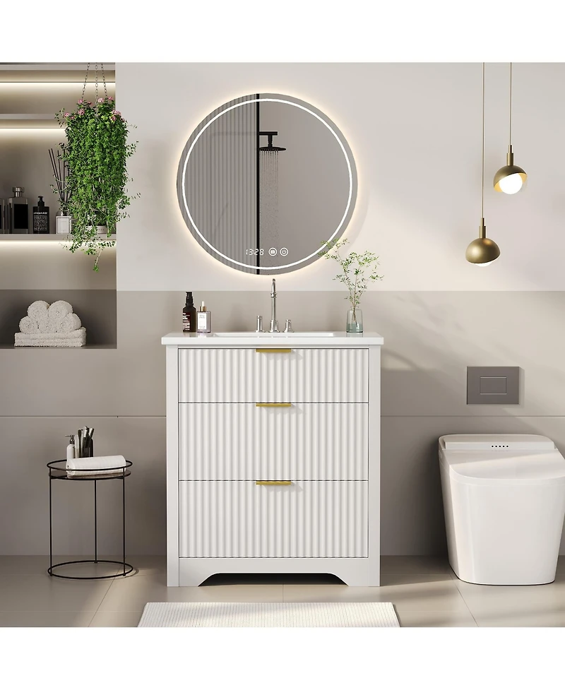 gaomon Fluted Bathroom Vanity with Ceramic Sink Freestanding Cabinet with Soft-Close Drawers and 1 Rotating-Down Drawer