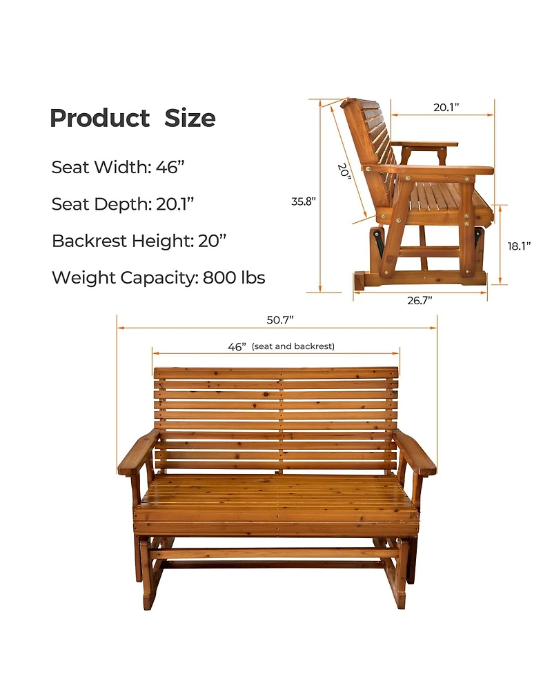 Mega Casa Wooden Patio Glider with High Roll Back and Deep Contoured Seat, Solid Fir Wood, 2-Seater, Heavy Duty 800 Lbs, 4 Ft.