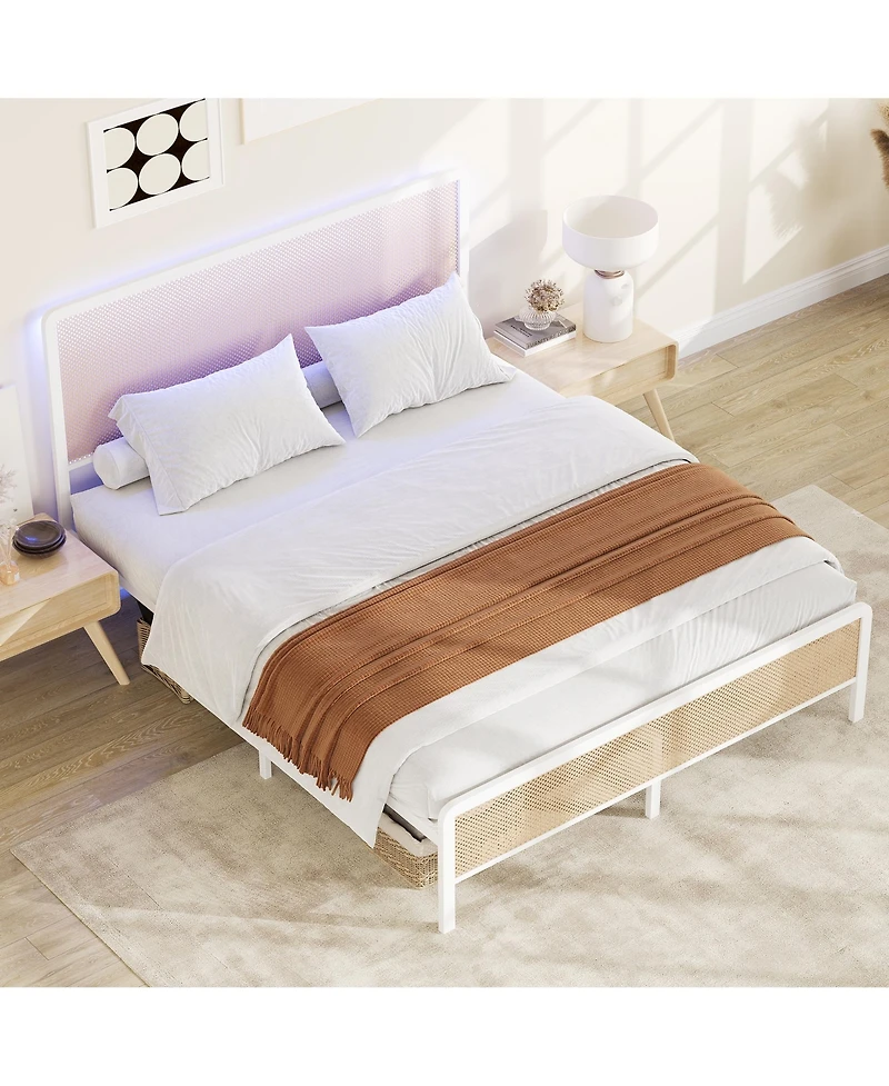 homfan Full Size Rattan Platform Bed Frame with Led Headboard, Modern Boho Cane Style, Heavy Duty Metal Frame, Steel Slats, No Box Spring Needed