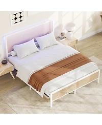 homfan Full Size Rattan Platform Bed Frame with Led Headboard, Modern Boho Cane Style, Heavy Duty Metal Frame, Steel Slats, No Box Spring Needed