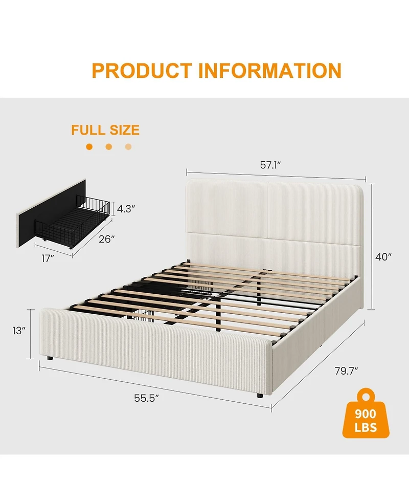 homfan Upholstered Platform Bed Frame with Headboard and 2 Storage Drawers, Wood Slat Support