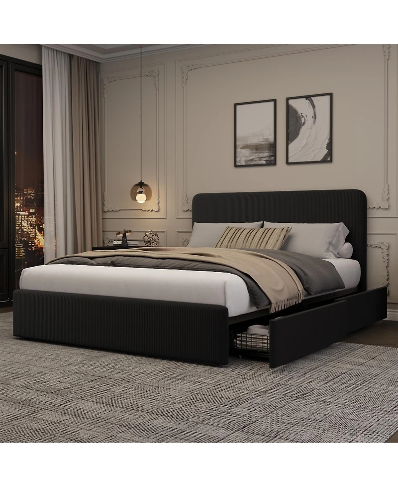 homfan Upholstered Platform Bed Frame with Headboard and 2 Storage Drawers, Wood Slat Support