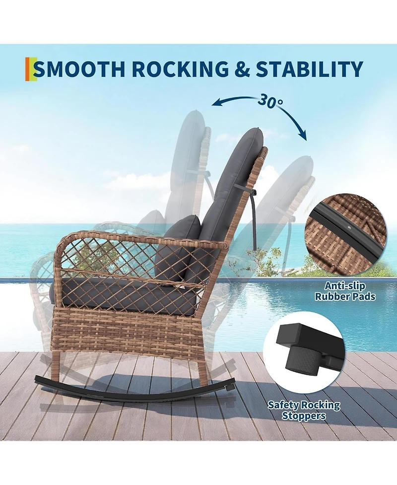 GarveeLife 3 Piece Patio Rocking Chair Set - High Back Rattan Rockers and Tempered Glass Coffee Table