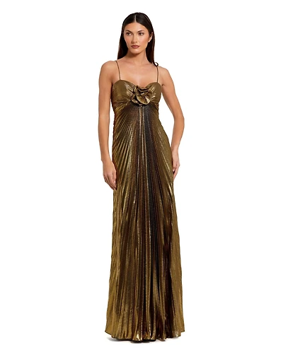 Mac Duggal Women's Petite Pleated Metallic Gown with Thin Straps and 3D Floral Detail
