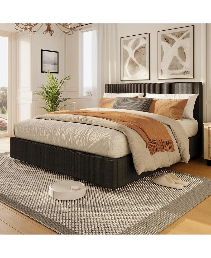 homfan Upholstered Platform Bed Frame with 4 Storage Drawers, Corduroy Channel Tufted Wingback Headboard