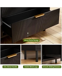 homfan Modern Fluted 3-Drawer Dresser, Wide Wooden Storage Chest with Metal Legs and Anti-Tip Device