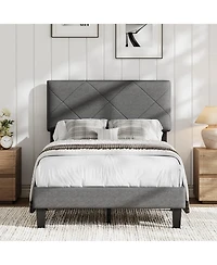 homfan Upholstered Platform Bed Frame with Quilted Headboard, Wooden Slats and Quiet Support