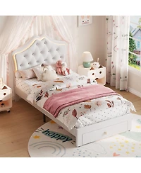 homfan Twin Upholstered Princess Bed Frame with Led Headboard, Storage Drawer, Velvet Finish, No Box Spring Needed