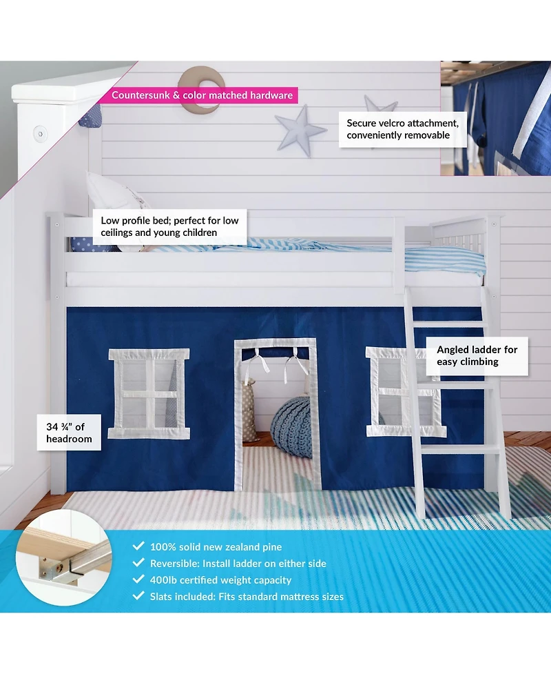 Max & Lily Loft Bed, Low Solid Wood Twin Bunk Beds for Kids with Ladder and Curtain