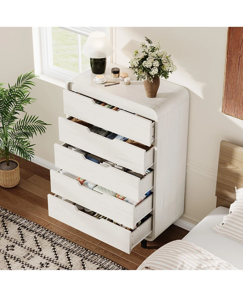 homfan Large Capacity Wooden Dresser with 5 Drawers, Tall Storage Chest, Modern Minimalist Cabinet for Bedroom, Living Room and Hallway