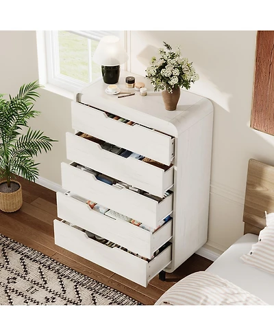 homfan Large Capacity Wooden Dresser with 5 Drawers, Tall Storage Chest, Modern Minimalist Cabinet for Bedroom, Living Room and Hallway