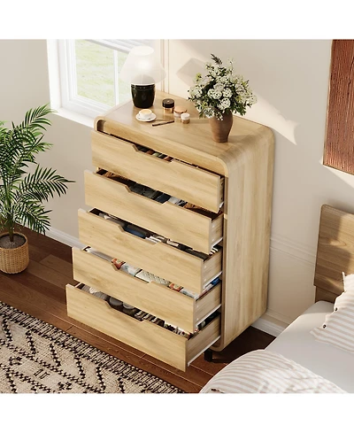 homfan Large Capacity Wooden Dresser with 5 Drawers, Tall Storage Chest, Modern Minimalist Cabinet for Bedroom, Living Room and Hallway
