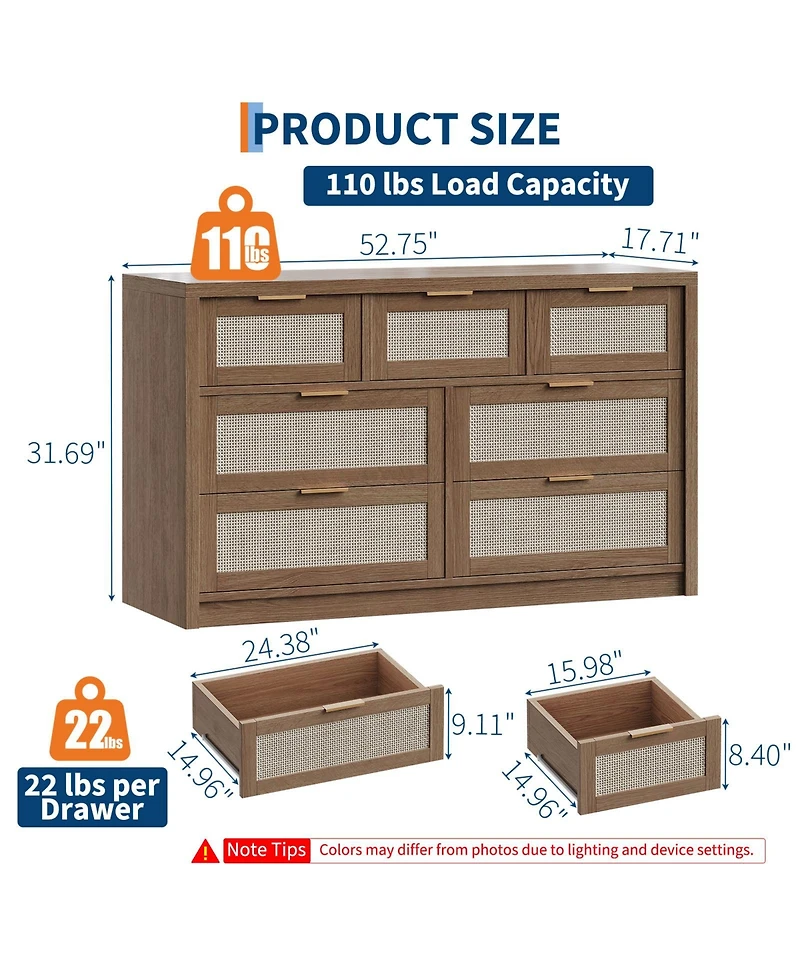 homfan Wide Boho Rattan Dresser with 7 Drawers, Modern Storage Chest Featuring Metal Handles, Wooden Cabinet and Tv Stand Ideal for Bedroom