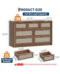 homfan Wide Boho Rattan Dresser with 7 Drawers, Modern Storage Chest Featuring Metal Handles, Wooden Cabinet and Tv Stand Ideal for Bedroom