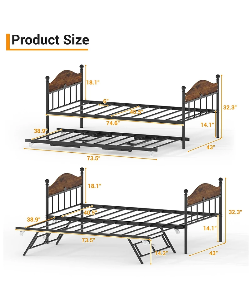 homfan Metal Daybed with Headboard, Sofa Bed Frame with Steel Slats and Optional Pop-Up Trundle for Bedroom or Living Room