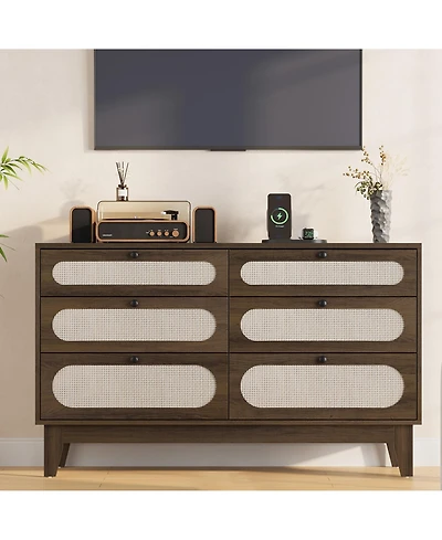 homfan Modern Farmhouse 6-Drawer Rattan Cabinet, Wooden Dresser with Charging Ports, Metal Handles and Anti-Tip Design