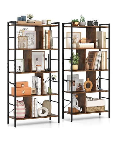 Gymax 2 pieces 61'' 5-Tier Bookshelf with Metal Frame 2 Anti-Tipping Devices for Living Room