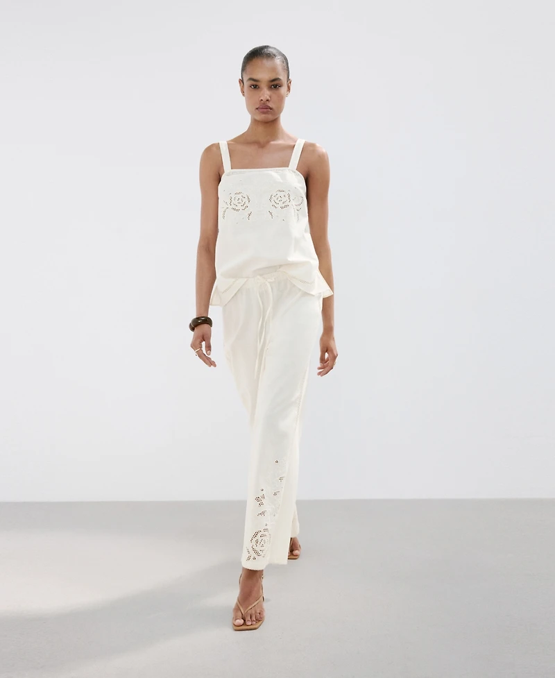 Mango Women's Openwork-Embroidered Palazzo Pants