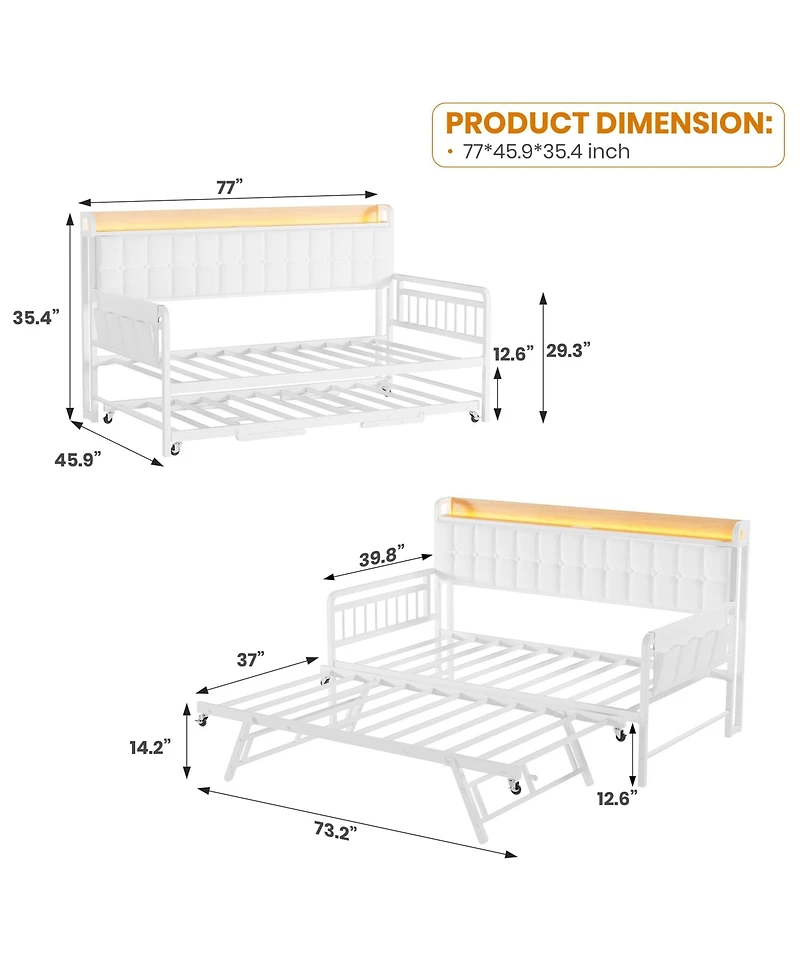 homfan Upholstered Twin Daybed with Trundle, Led Lights, Charging Station and Storage Headboard, Metal Slat Support