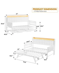 homfan Upholstered Twin Daybed with Trundle, Led Lights, Charging Station and Storage Headboard, Metal Slat Support