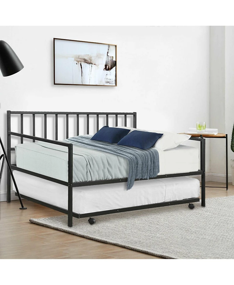 Gymax Twin Trundle DayBed With 4 Casters Mattress Platform Bed Sofa