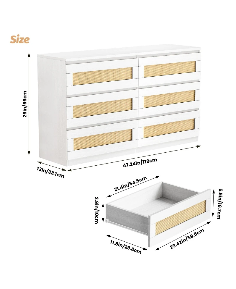homfan Modern Wide 6 Drawer Rattan Dresser - Spacious Double Chest with Anti-Tip Kit Storage Solution for Bedroom, Living Room, Hallway