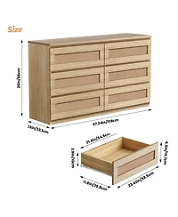 homfan Modern Wide 6 Drawer Rattan Dresser - Spacious Double Chest with Anti-Tip Kit Storage Solution for Bedroom, Living Room, Hallway