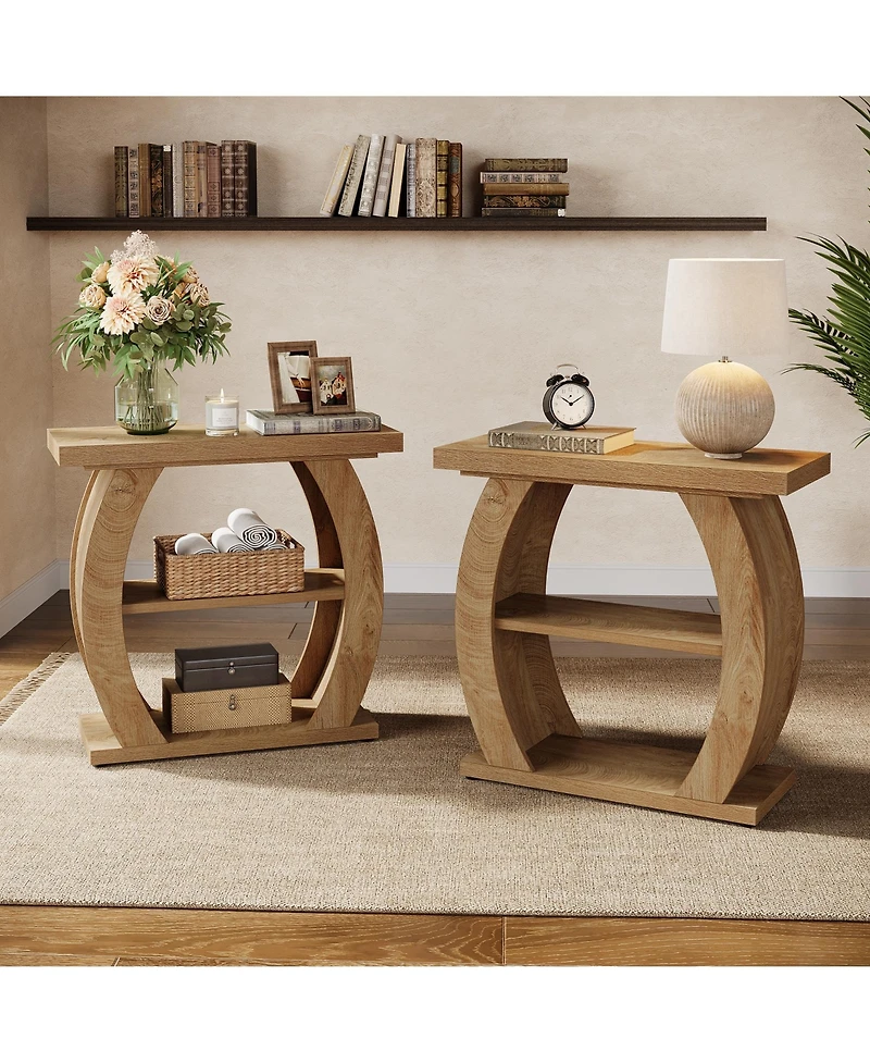 Tribesigns 3-Tier Side Table with Curved Frame Set of 2, Farmhouse Narrow Bedside Table, Wooden End Table